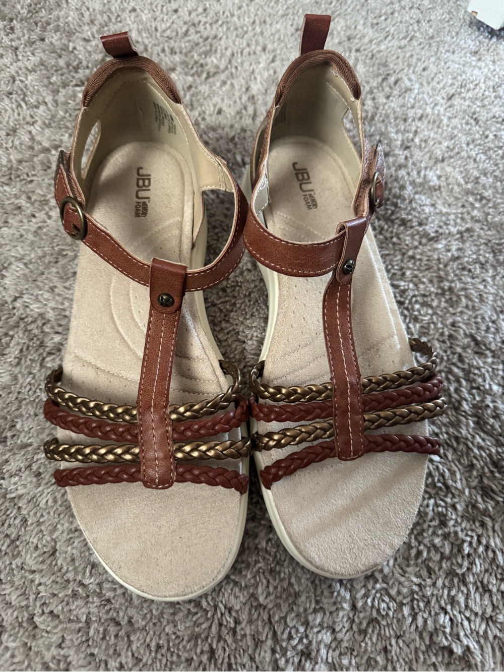 JBU Brown Braided T-Strap Sandals 10m